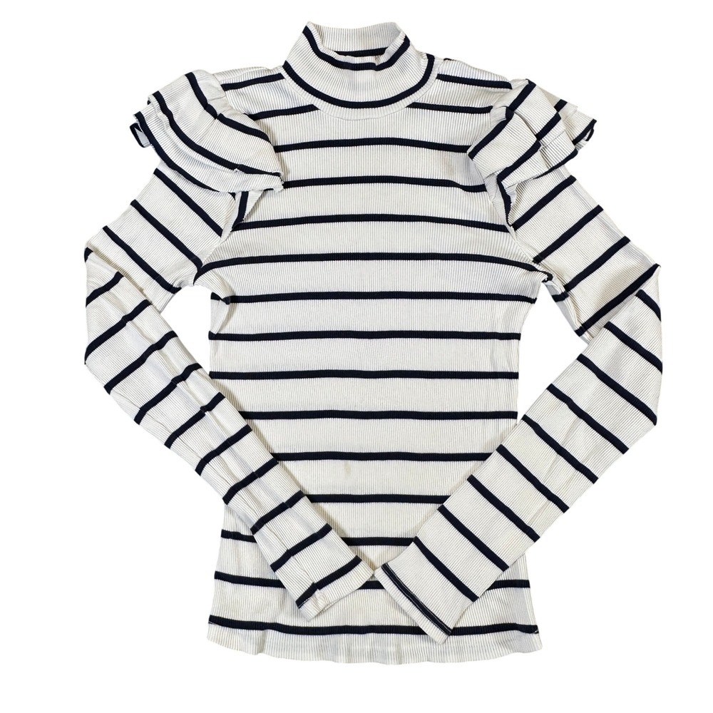 t.LA Anthropologie Navy White Striped Ruffle Shoulder Mock Neck Ribbed Knit S